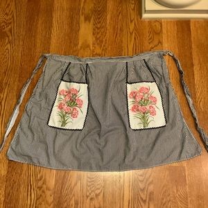 Vintage Apron Stripe Floral Black White Print Pockets 19 Long #DX